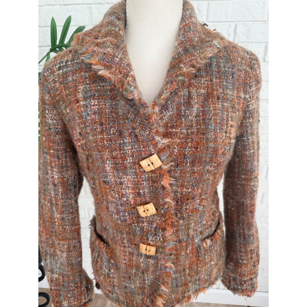 Carlisle Blazer Women 10 Orange Wool Blend Tweed Excellent Fringed Wood Button
